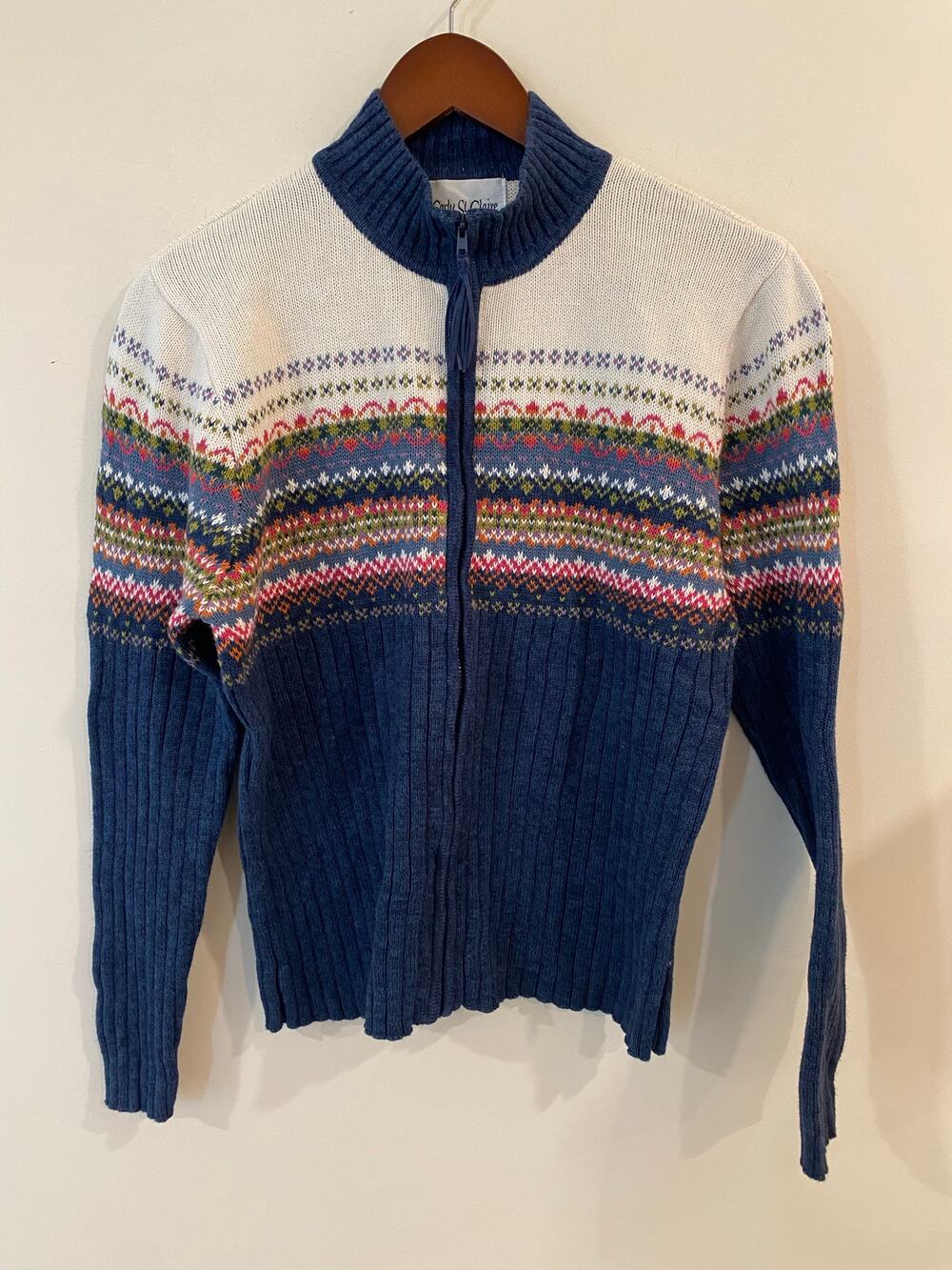 Carly St. Claire Women's Sweater L Half-Zip Fair Isle Pattern Blue White Cottage